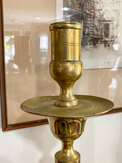 Antique 19th Century Pair Octagonal Base Tall Brass Candlesticks
