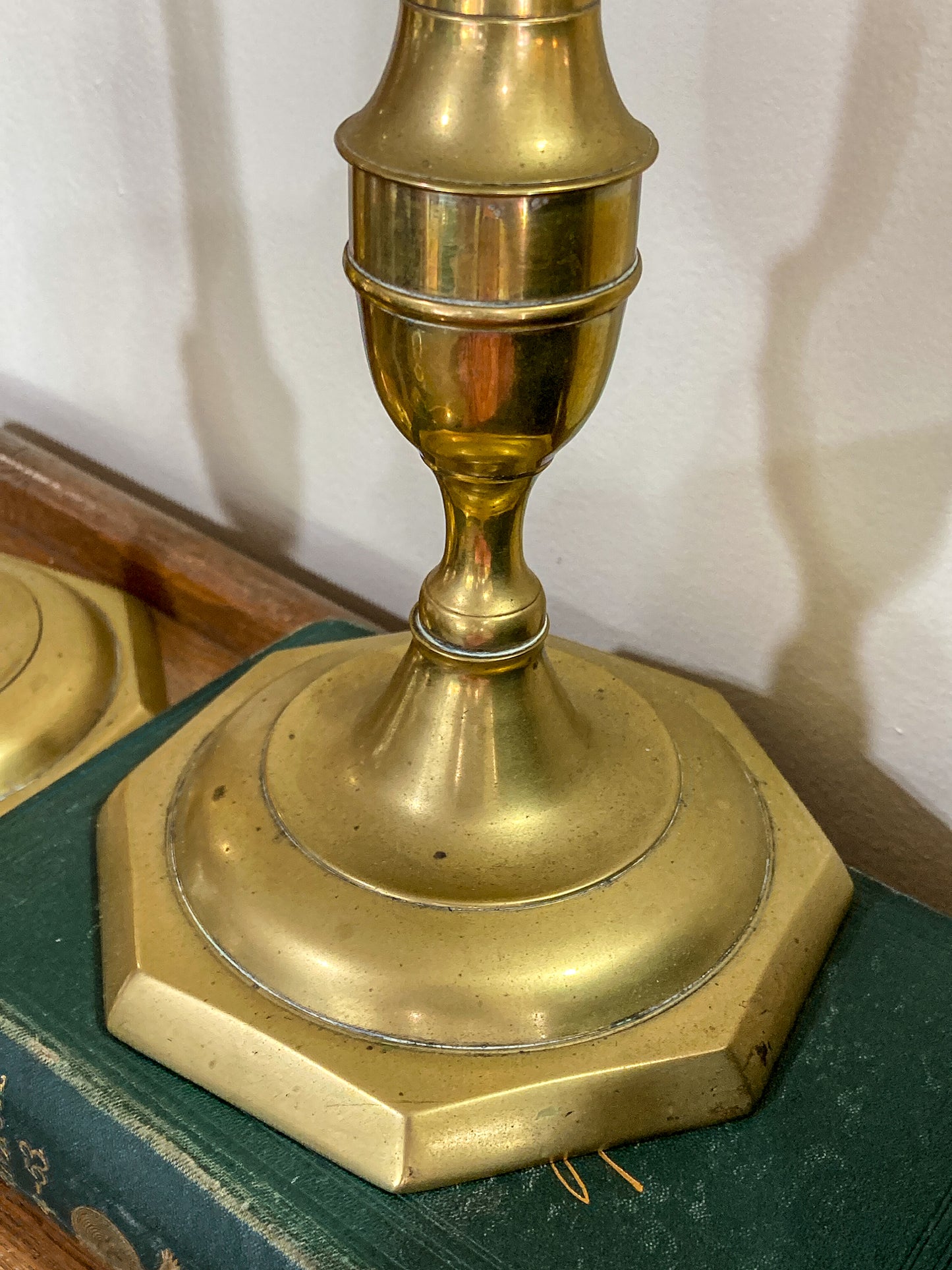 Antique 19th Century Pair Octagonal Base Tall Brass Candlesticks