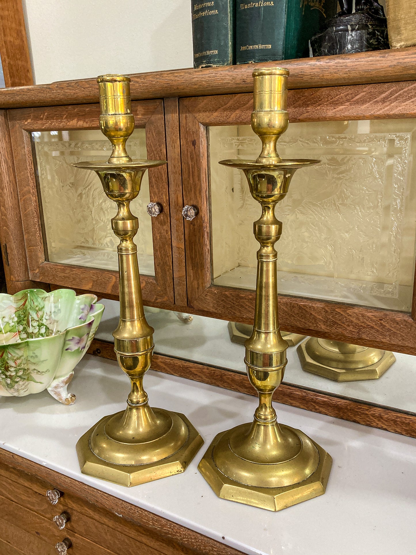 Antique 19th Century Pair Octagonal Base Tall Brass Candlesticks