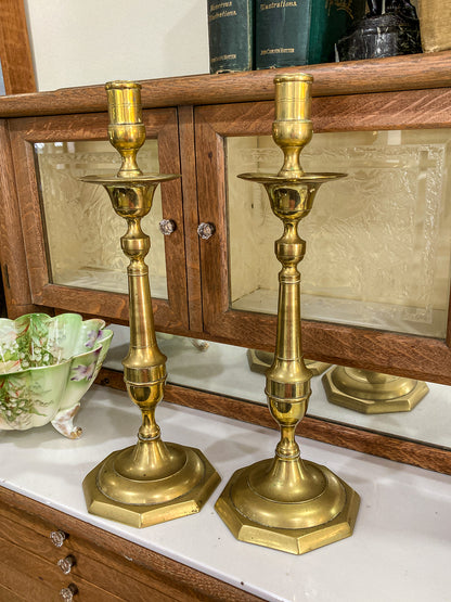 Antique 19th Century Pair Octagonal Base Tall Brass Candlesticks