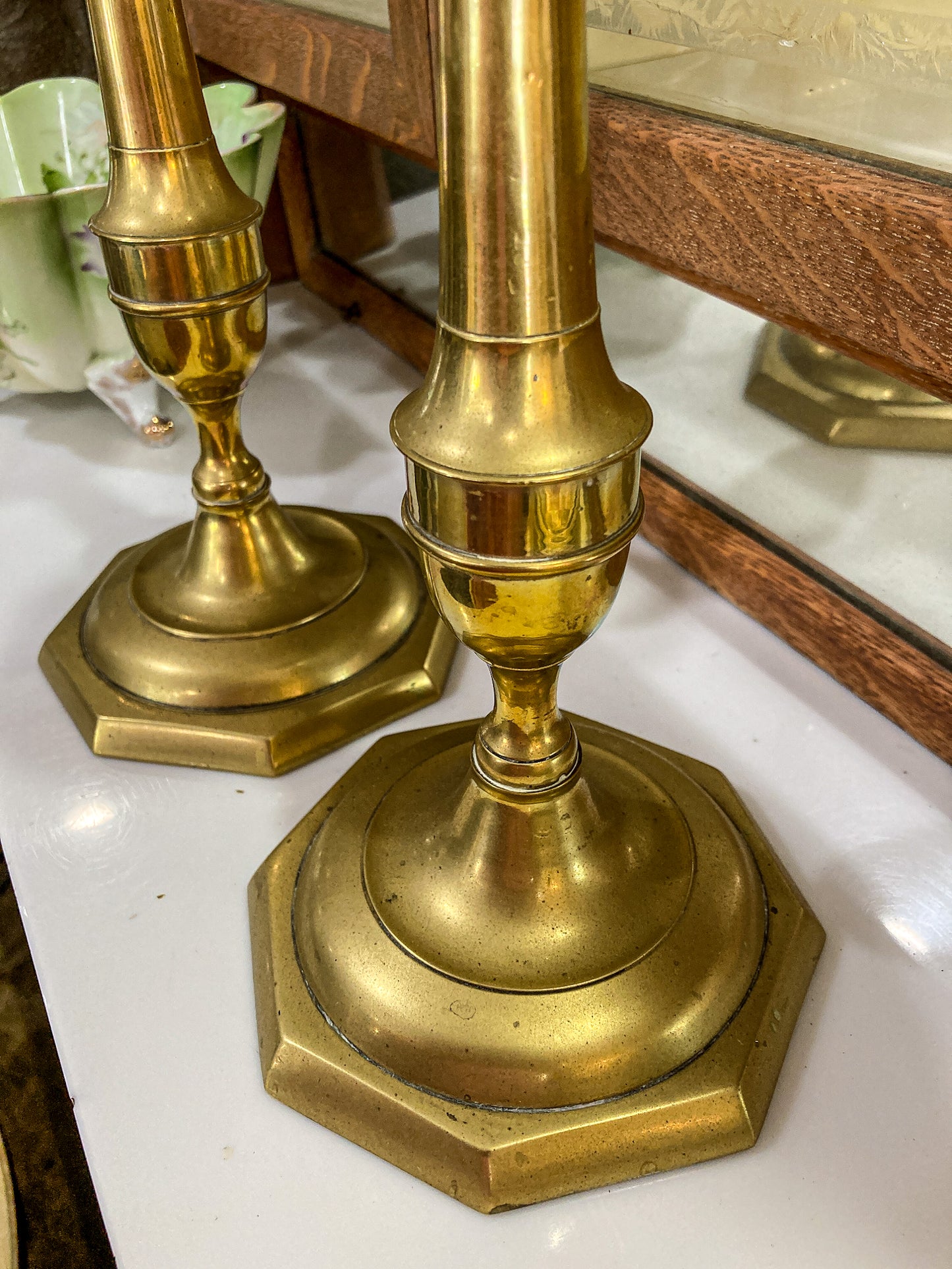 Antique 19th Century Pair Octagonal Base Tall Brass Candlesticks
