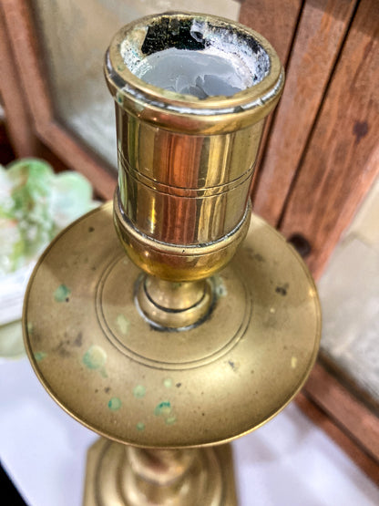 Antique 19th Century Pair Octagonal Base Tall Brass Candlesticks