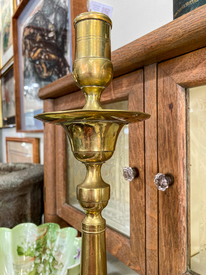 Antique 19th Century Pair Octagonal Base Tall Brass Candlesticks