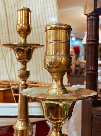 Antique 19th Century Pair Octagonal Base Tall Brass Candlesticks