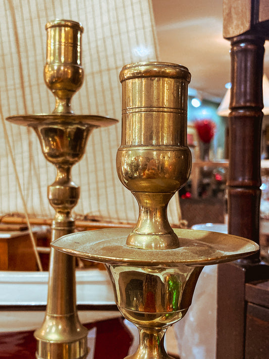 Antique 19th Century Pair Octagonal Base Tall Brass Candlesticks
