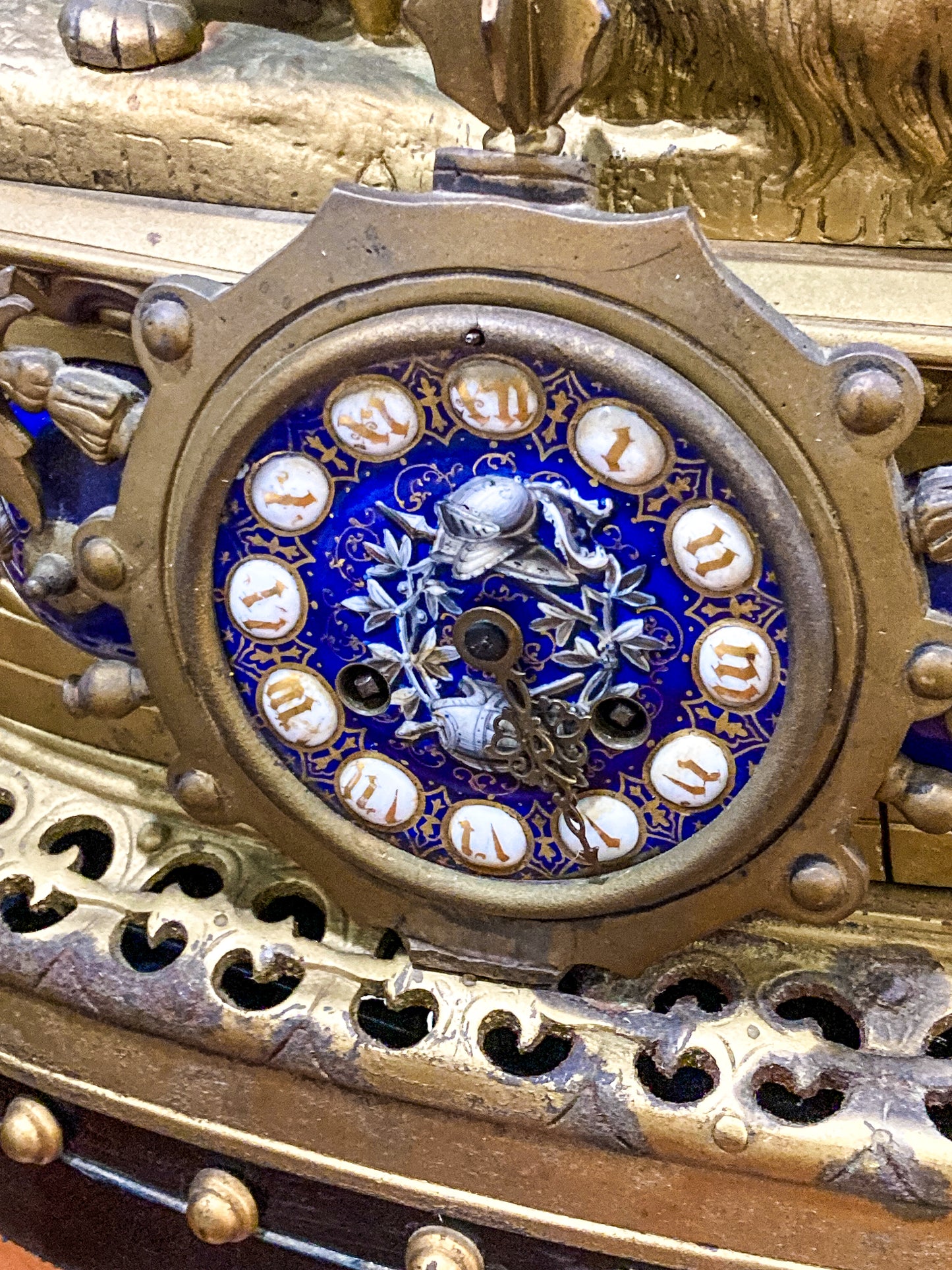 Antique 19th Century Sculptural Knights Hand-Painted Bell Clock