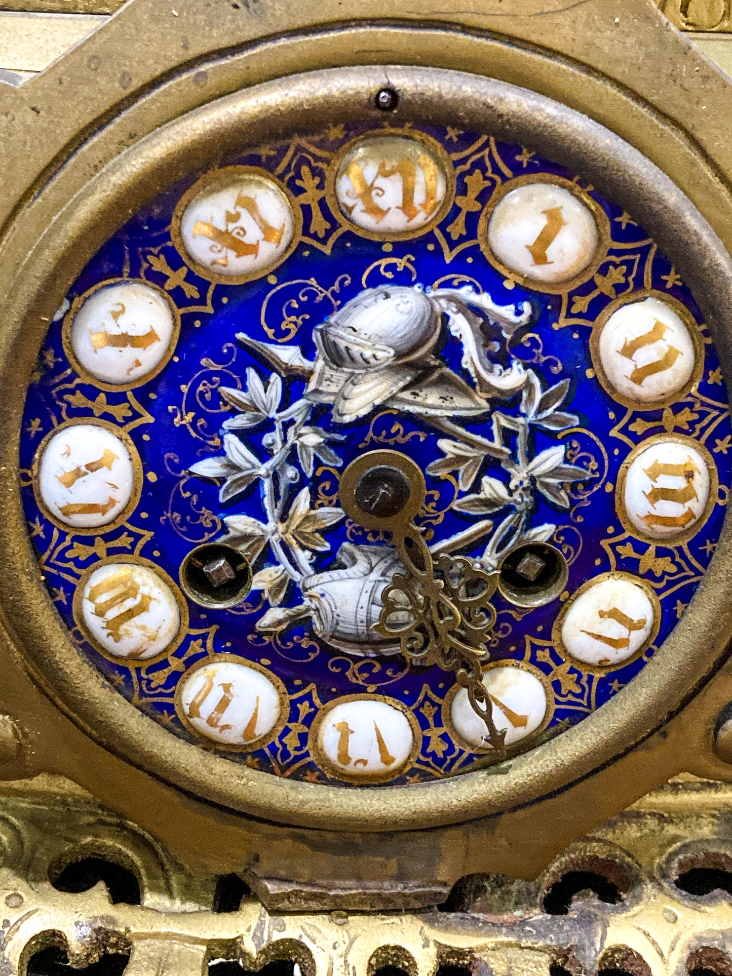 Antique 19th Century Sculptural Knights Hand-Painted Bell Clock