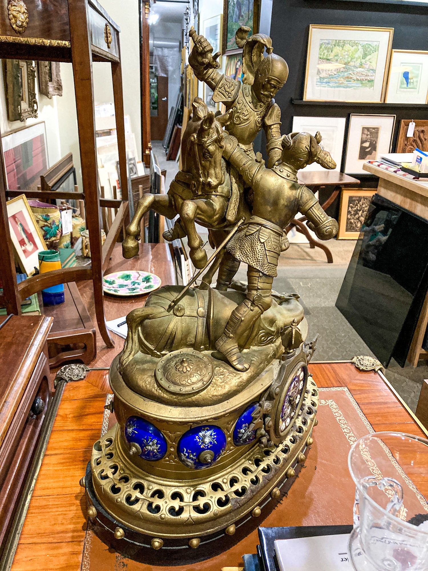 Antique 19th Century Sculptural Knights Hand-Painted Bell Clock