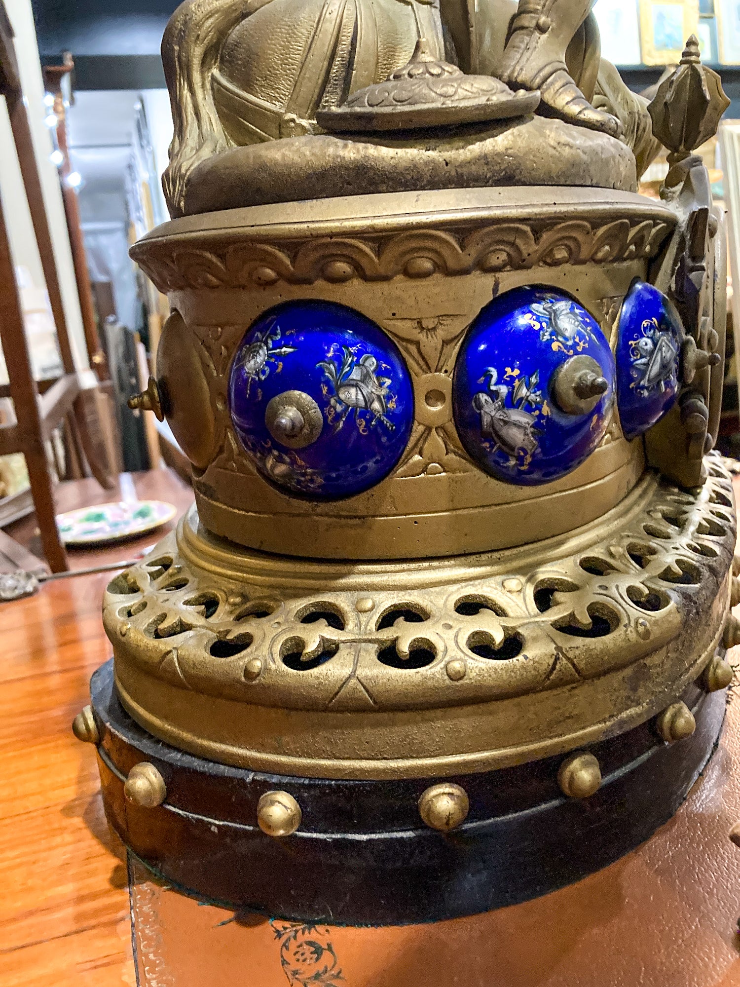 Antique 19th Century Sculptural Knights Hand-Painted Bell Clock
