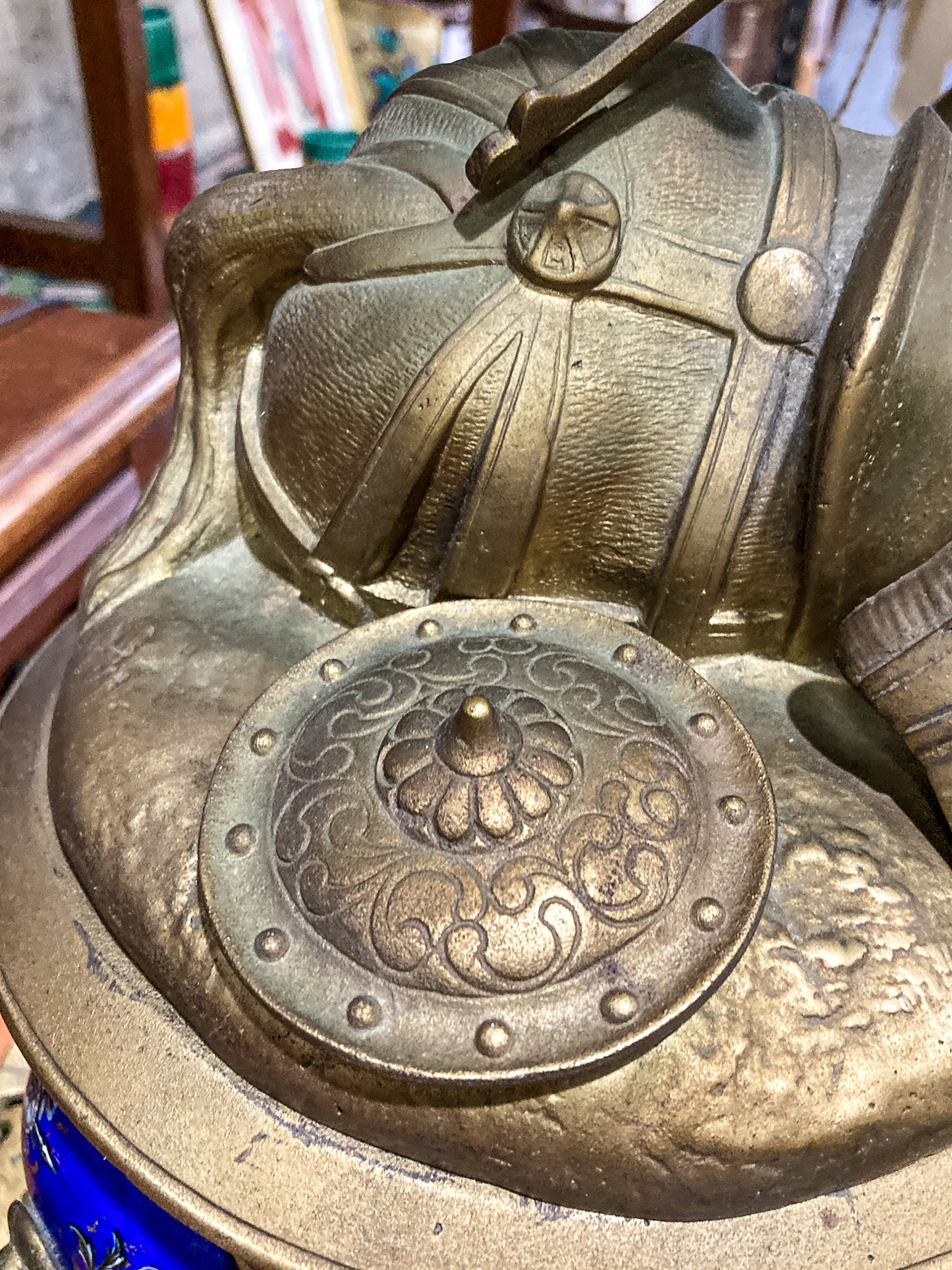Antique 19th Century Sculptural Knights Hand-Painted Bell Clock