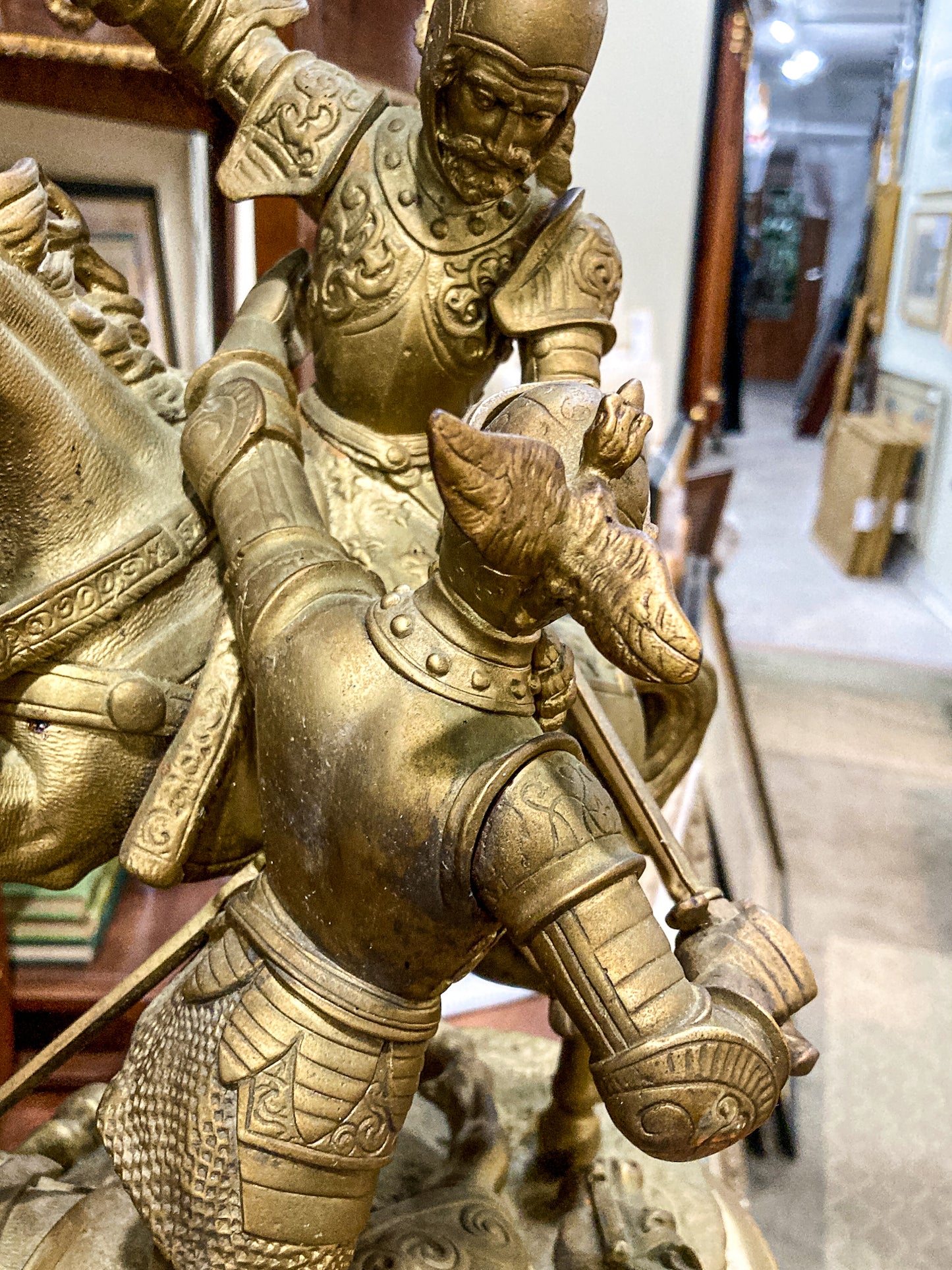 Antique 19th Century Sculptural Knights Hand-Painted Bell Clock