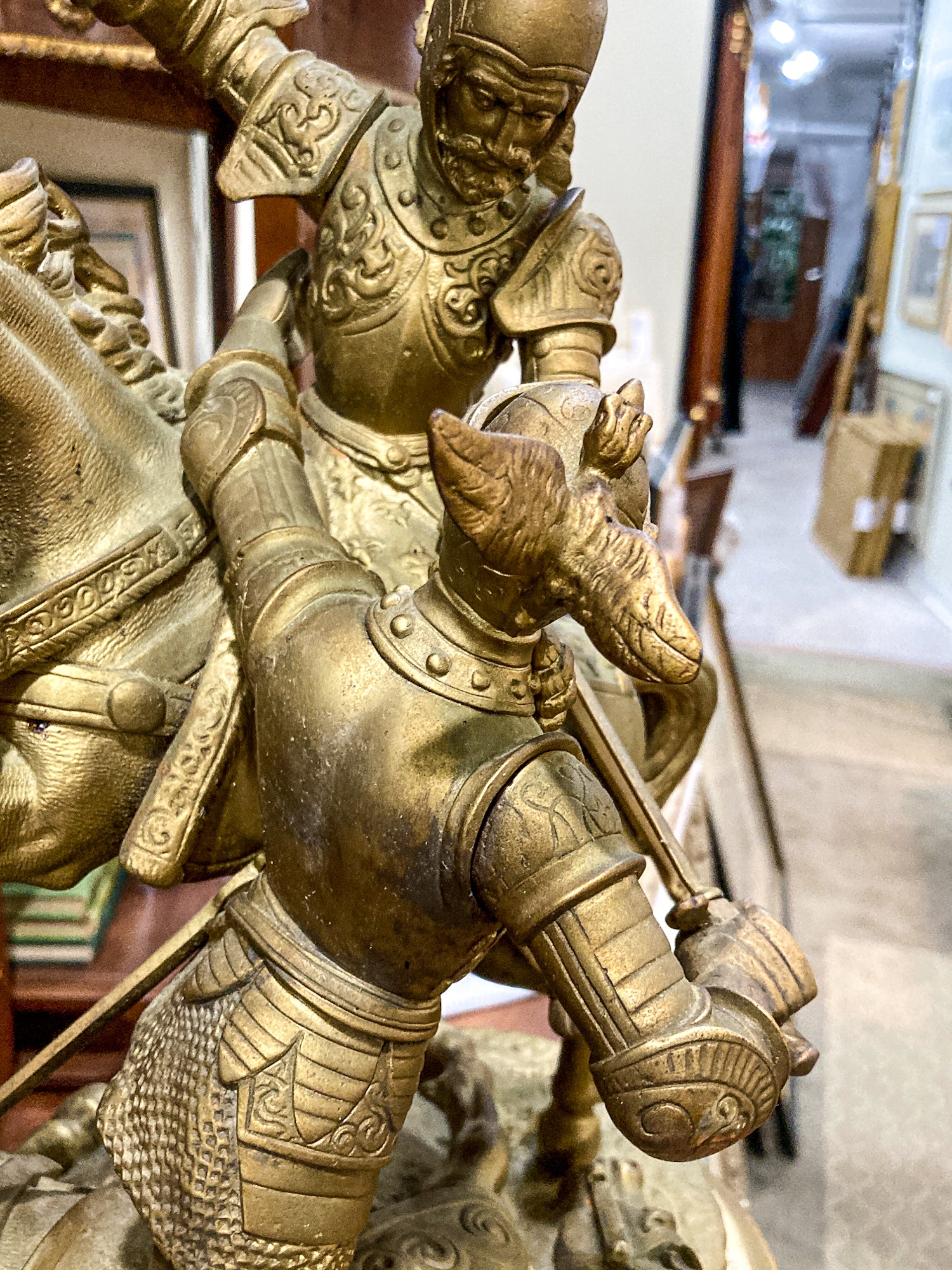 Antique 19th Century Sculptural Knights Hand-Painted Bell Clock