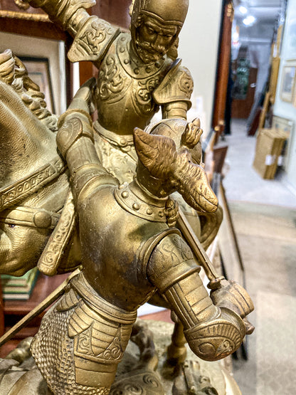 Antique 19th Century Sculptural Knights Hand-Painted Bell Clock
