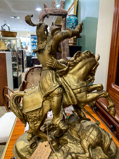 Antique 19th Century Sculptural Knights Hand-Painted Bell Clock