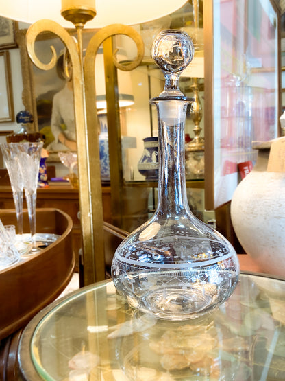 Antique 19th Century Hand Blown Etched Rounded Clear Glass Decanter