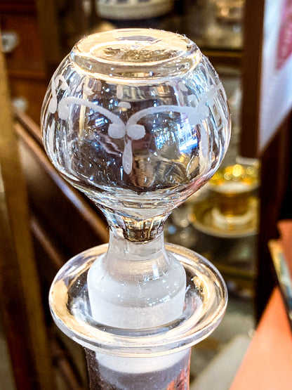 Antique 19th Century Hand Blown Etched Rounded Clear Glass Decanter