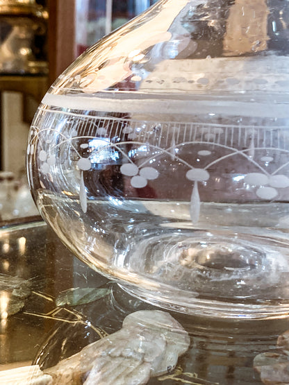 Antique 19th Century Hand Blown Etched Rounded Clear Glass Decanter