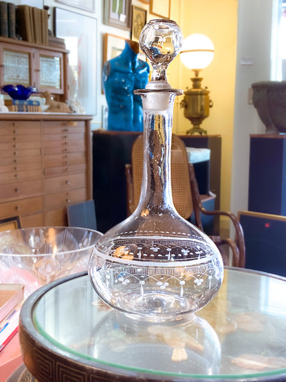 Antique 19th Century Hand Blown Etched Rounded Clear Glass Decanter