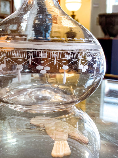Antique 19th Century Hand Blown Etched Rounded Clear Glass Decanter