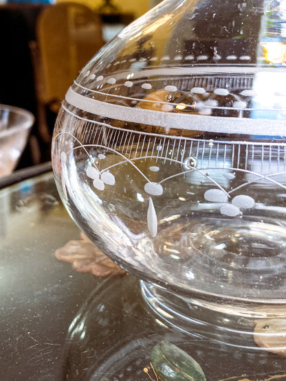 Antique 19th Century Hand Blown Etched Rounded Clear Glass Decanter