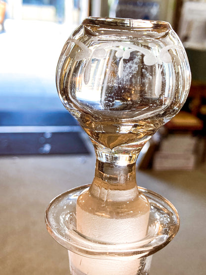 Antique 19th Century Hand Blown Etched Rounded Clear Glass Decanter