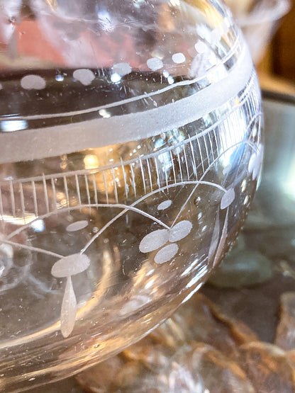 Antique 19th Century Hand Blown Etched Rounded Clear Glass Decanter