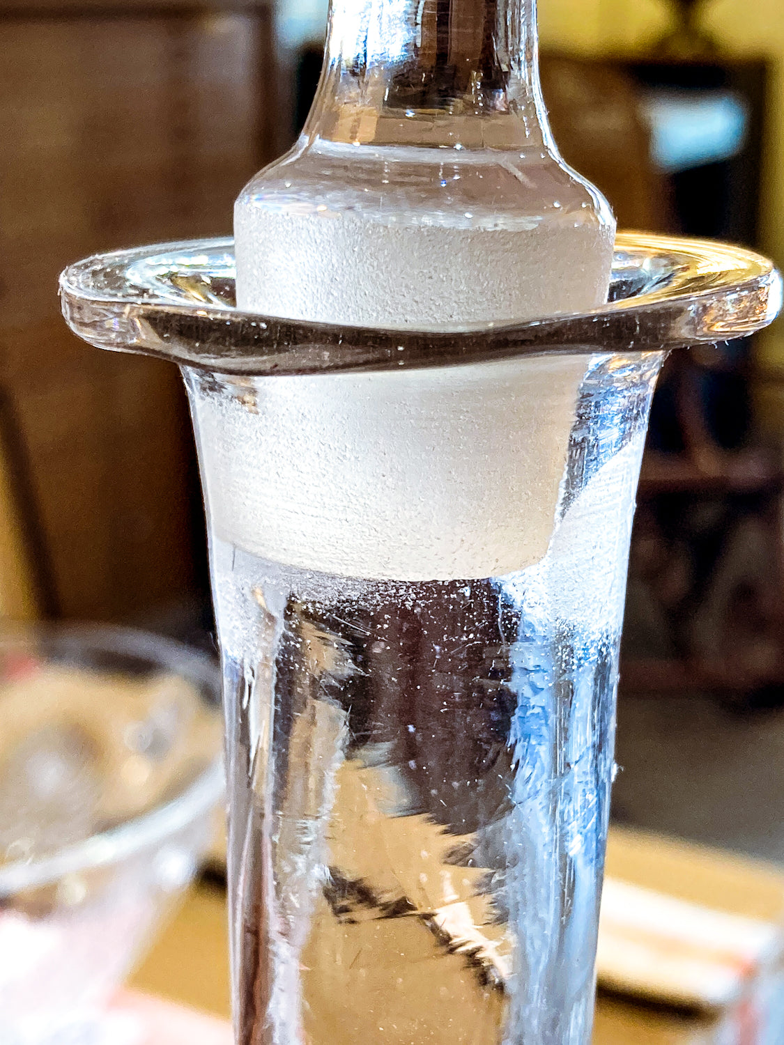 Antique 19th Century Hand Blown Etched Rounded Clear Glass Decanter