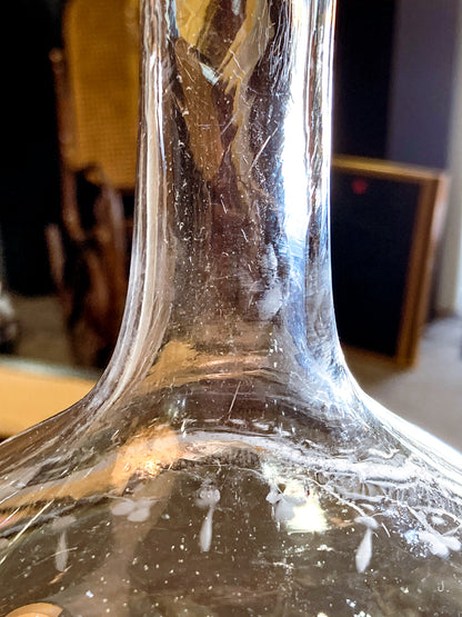 Antique 19th Century Hand Blown Etched Rounded Clear Glass Decanter