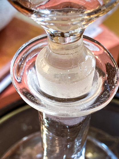 Antique 19th Century Hand Blown Etched Rounded Clear Glass Decanter