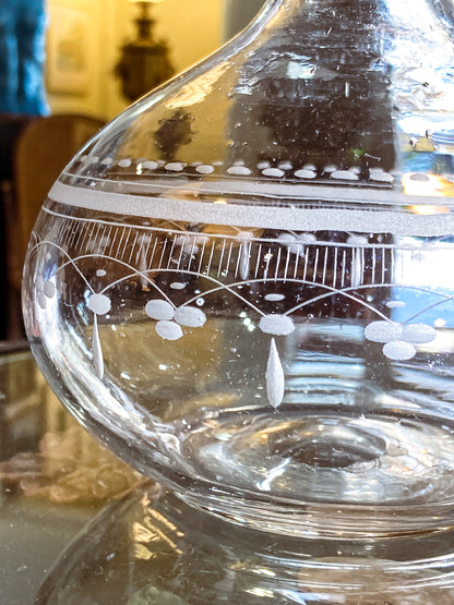 Antique 19th Century Hand Blown Etched Rounded Clear Glass Decanter