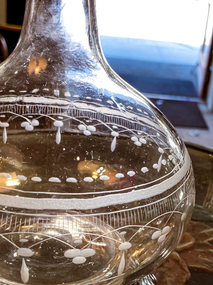 Antique 19th Century Hand Blown Etched Rounded Clear Glass Decanter