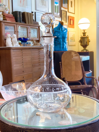Antique 19th Century Hand Blown Etched Rounded Clear Glass Decanter
