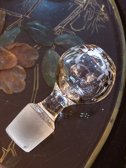 Antique 19th Century Hand Blown Etched Rounded Clear Glass Decanter