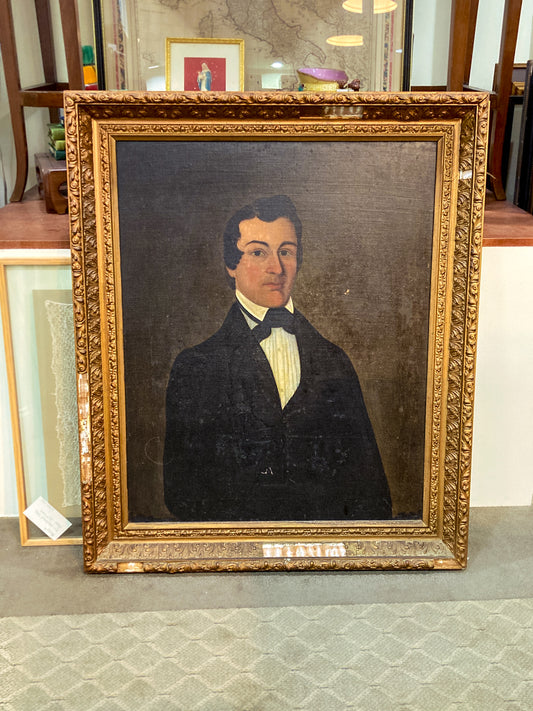 Portrait of a man in a gold frame; Antique 19th Century Unnamed Gentleman Portrait Framed Oil on Canvas Painting