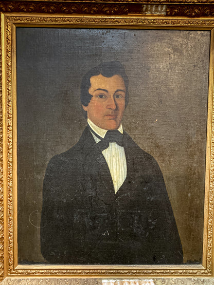 Portrait of a man in formal attire with a gold frame; Antique 19th Century Unnamed Gentleman Portrait Framed Oil on Canvas Painting