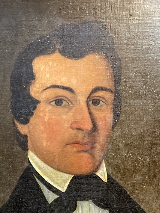 Portrait of a man with dark hair and a black suit on a textured brown background; Antique 19th Century Unnamed Gentleman Portrait Framed Oil on Canvas Painting