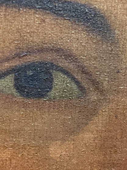 Close-up of a stylized eye with a brown iris and black pupil on a textured surface. Antique 19th Century Unnamed Gentleman Portrait Framed Oil on Canvas Painting