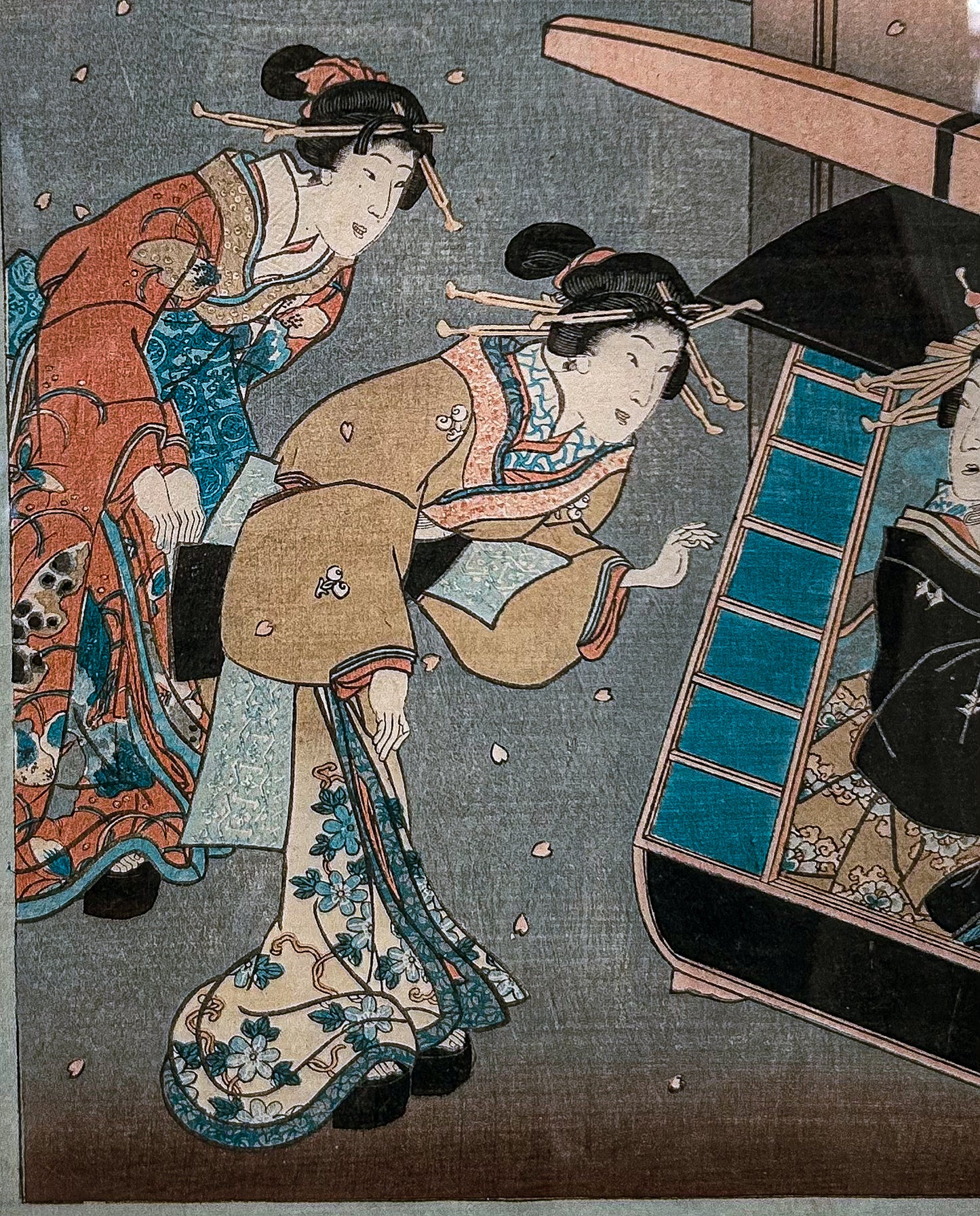 19th Century Utagawa Kunisada (1786-1865) Ladies with Palanquin Framed Woodblock Print
