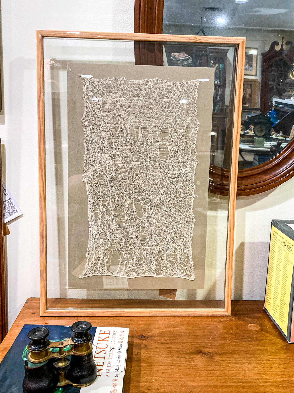 Antique 20th Century Handmade White Lace Panel Framed Fiber Art