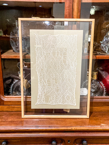 Antique 20th Century Handmade White Lace Panel Framed Fiber Art
