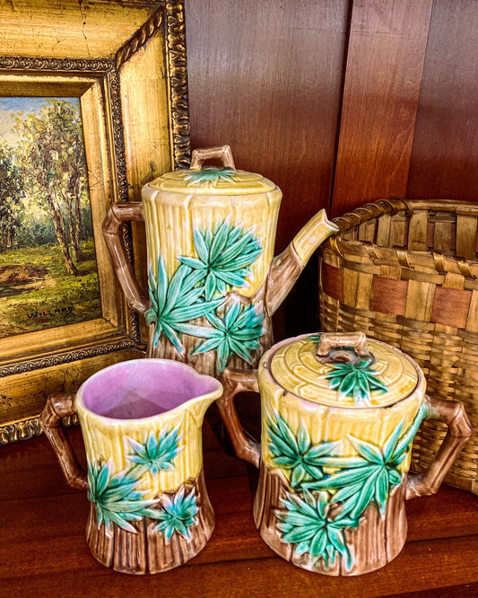 Antique 3-Piece Etruscan Majolica Creamer Sugar Kettle Ceramic Set