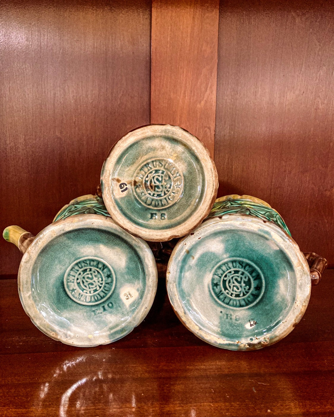 Antique 3-Piece Etruscan Majolica Creamer Sugar Kettle Ceramic Set