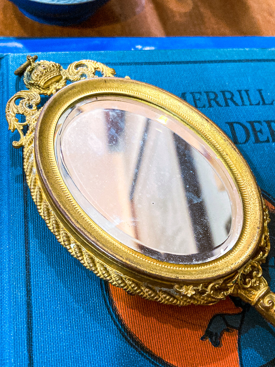 19th Century Antique Petite Doré Beveled Glass Portrait Hand Mirror