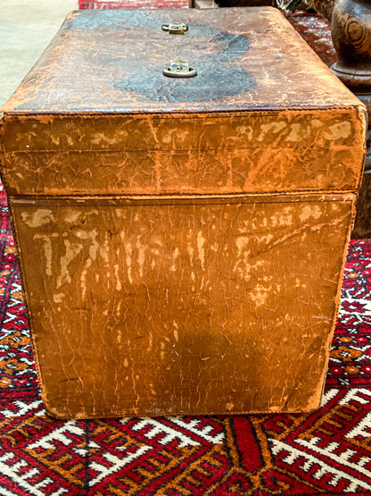 Antique Edwardian Leather Red Lined Carrying Travel Luggage Hat Box
