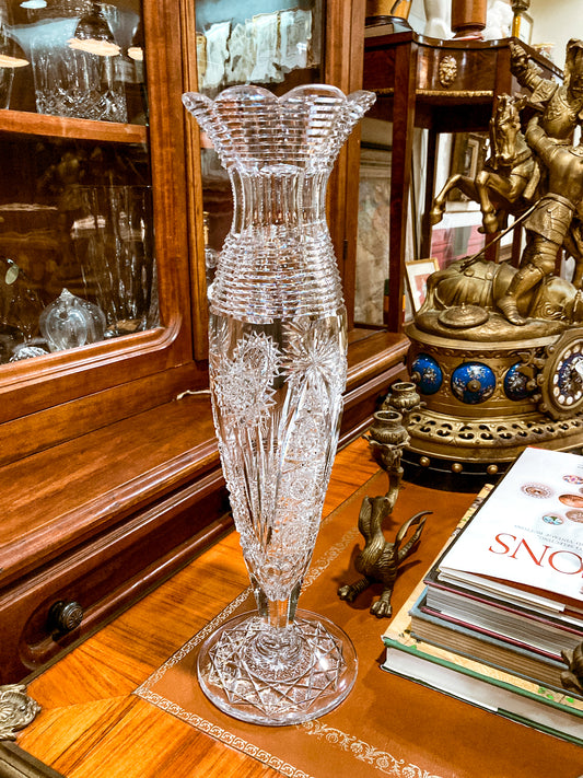 Antique American Brilliant Cut Clear Glass J. Hoare Corning Tall Trumpet Vase