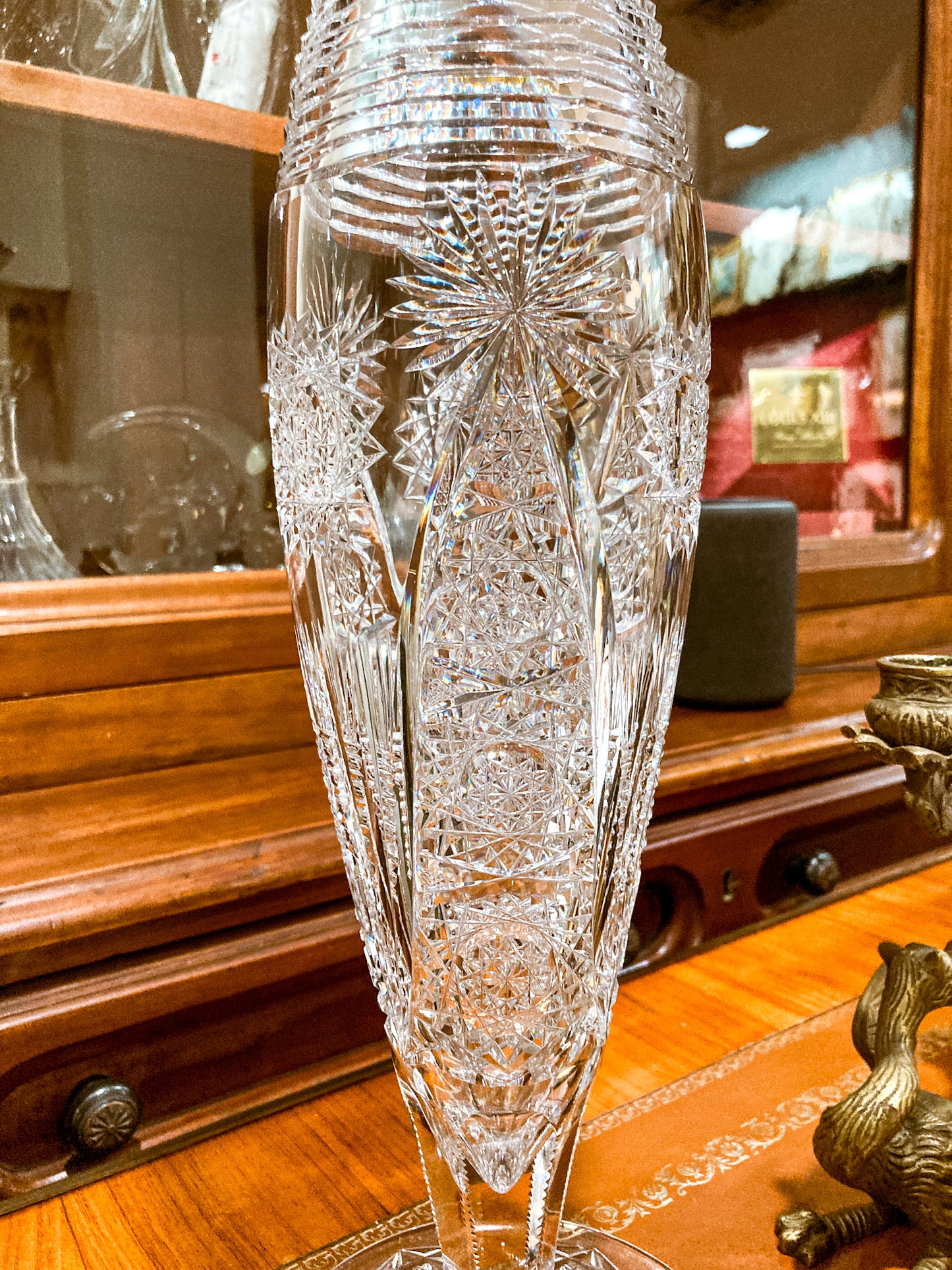 Antique American Brilliant Cut Clear Glass J. Hoare Corning Tall Trumpet Vase