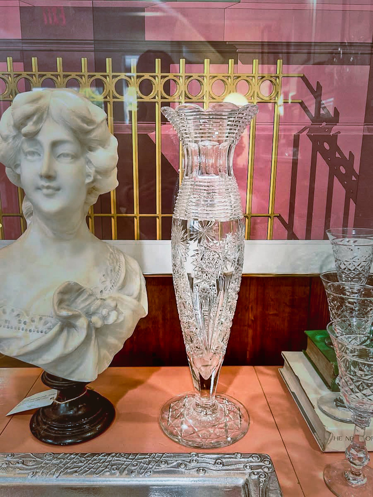 Antique American Brilliant Cut Clear Glass J. Hoare Corning Tall Trumpet Vase