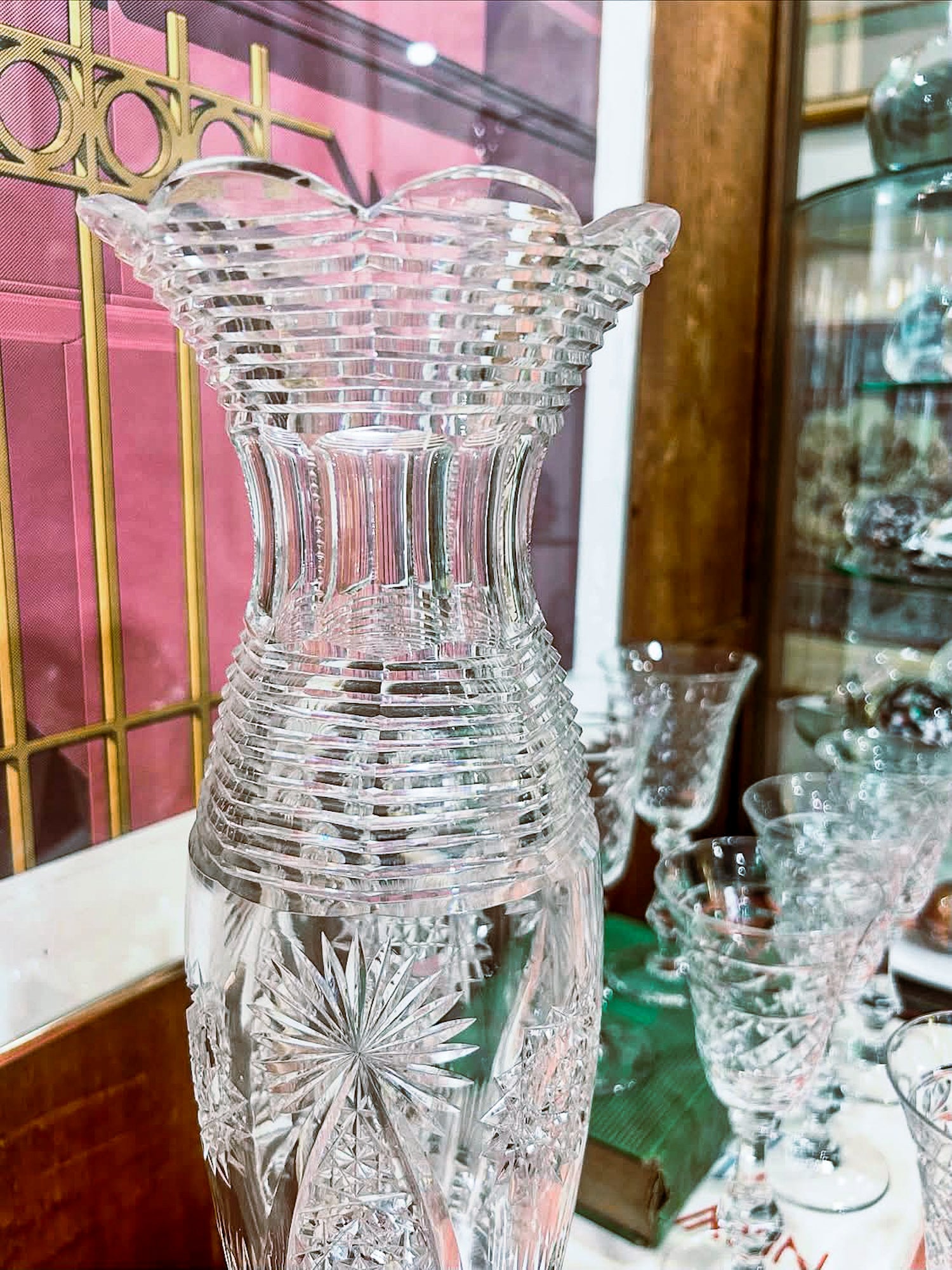 Antique American Brilliant Cut Clear Glass J. Hoare Corning Tall Trumpet Vase