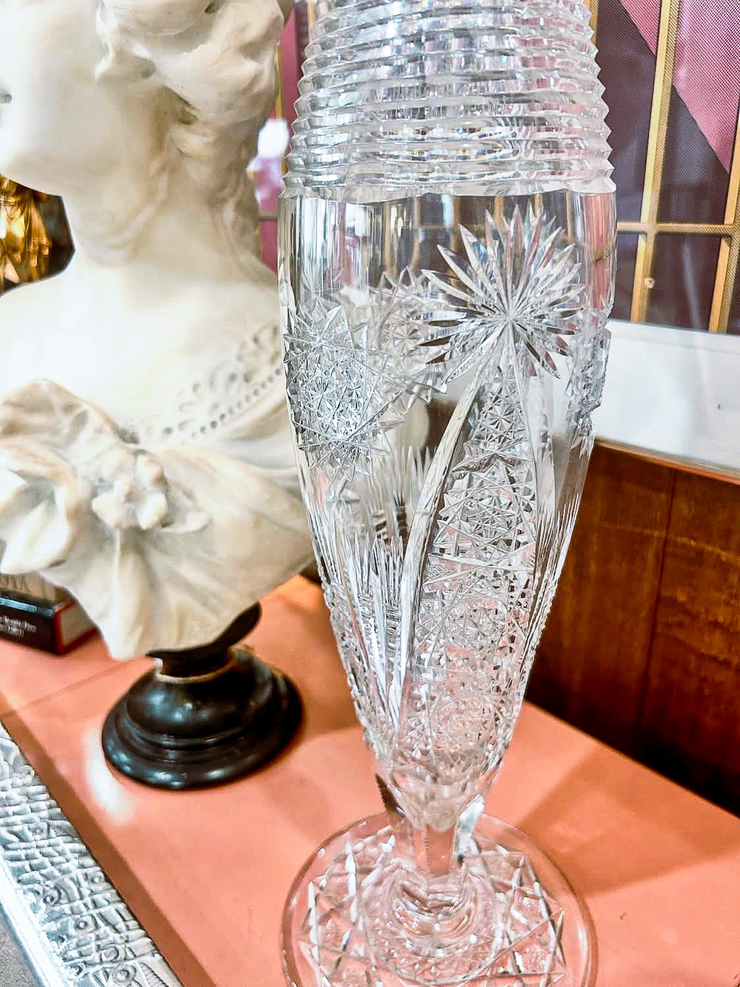 Antique American Brilliant Cut Clear Glass J. Hoare Corning Tall Trumpet Vase