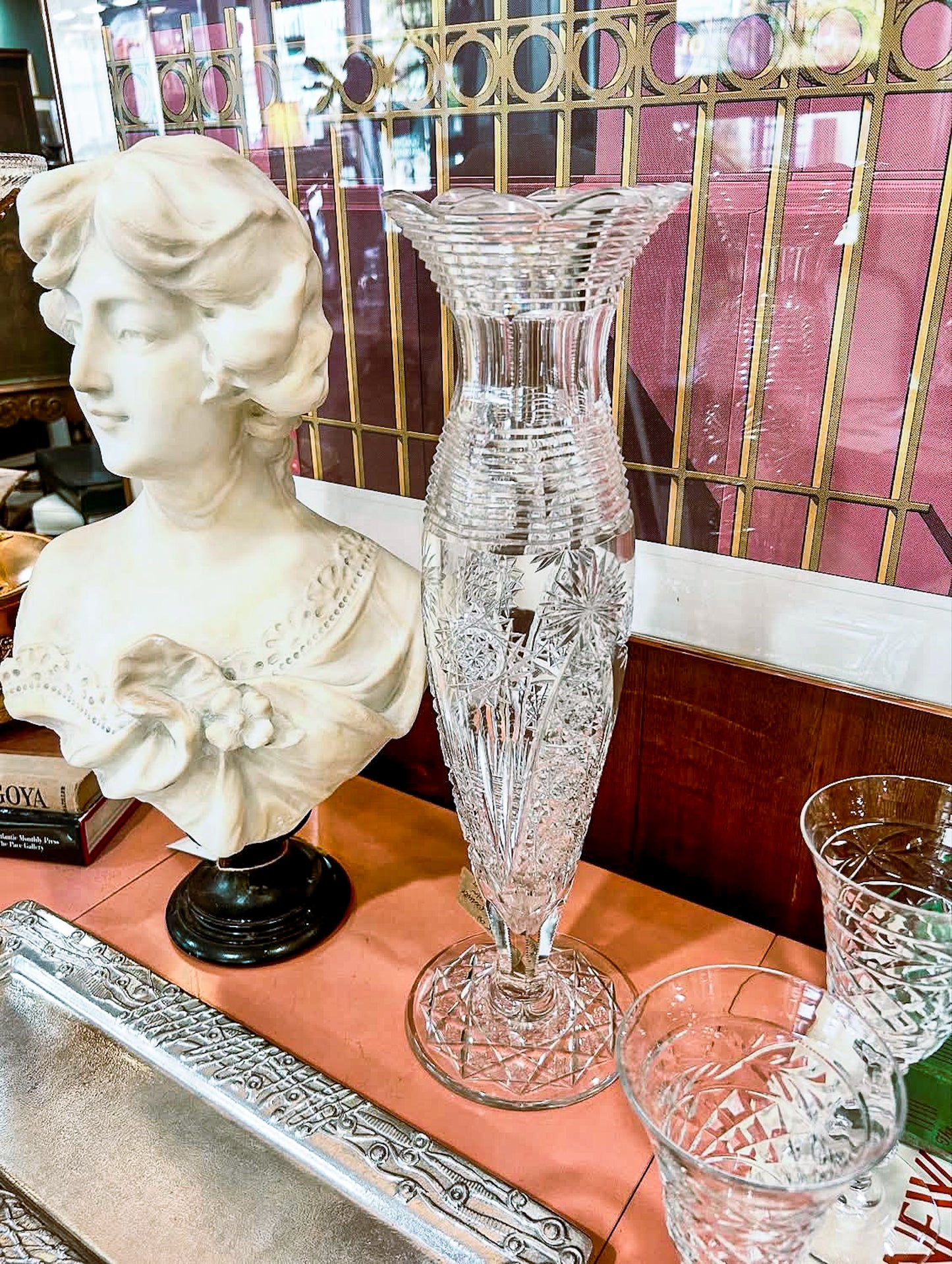 Antique American Brilliant Cut Clear Glass J. Hoare Corning Tall Trumpet Vase